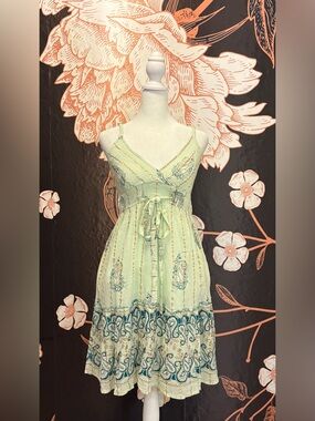 WHIMSICAL Green Paisley Mini Dress Gold Stripe Fairy Garden Sundress